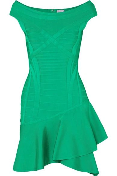 Shop Herve Leger Ruffled Bandage Mini Dress In Green