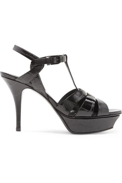 Shop Saint Laurent Tribute Croc-effect Leather Platform Sandals In Black