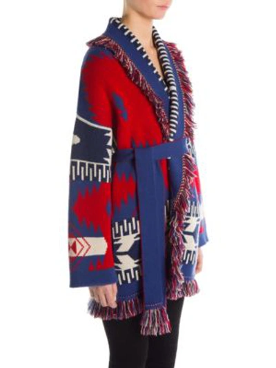 Shop Alanui Iconic Jacquard Fringe Cashmere Cardigan In Red Blue