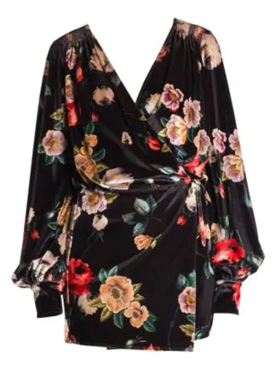Shop Attico Floral Velvet Mini Robe Dress In Black Floral