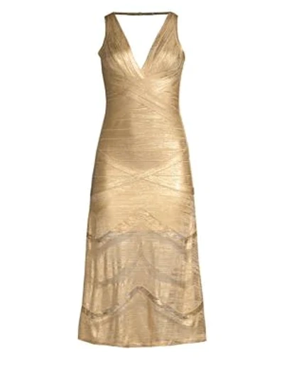 Shop Herve Leger Metallic V-neck Bandage Dress In Gold