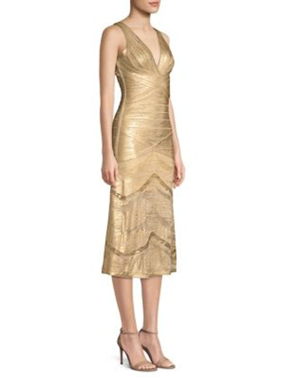 Shop Herve Leger Metallic V-neck Bandage Dress In Gold