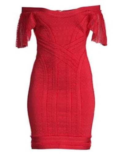 Shop Herve Leger Off-the-shoulder Knit Sheath Dress In Lipstick Red