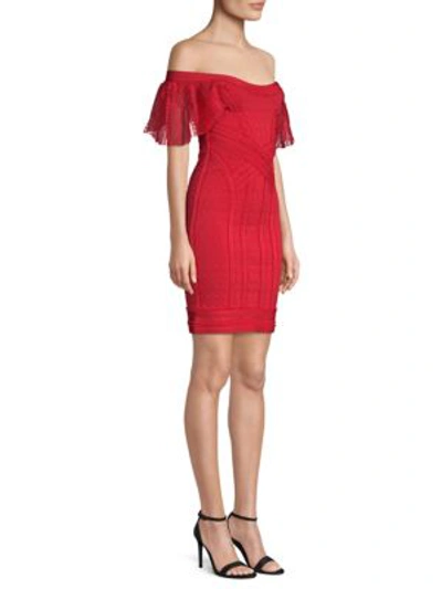 Shop Herve Leger Off-the-shoulder Knit Sheath Dress In Lipstick Red