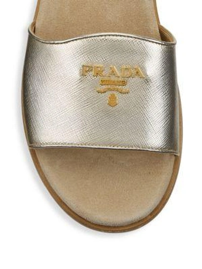 Shop Prada Metallic Logo Slides In Gold