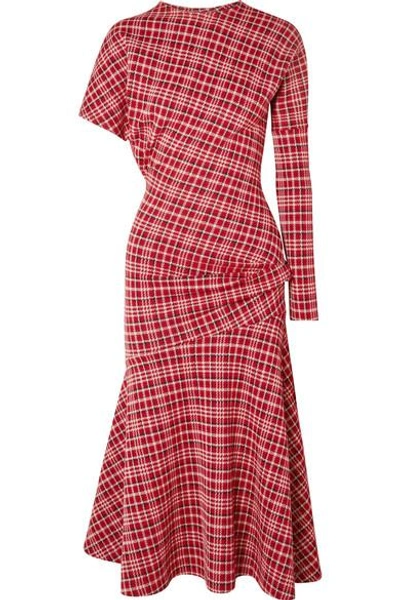 Shop Calvin Klein 205w39nyc Asymmetric Prince Of Wales Checked Cady Midi Dress In Brick