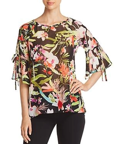 Shop Status By Chenault Floral Bell-sleeve Top In Black/lime