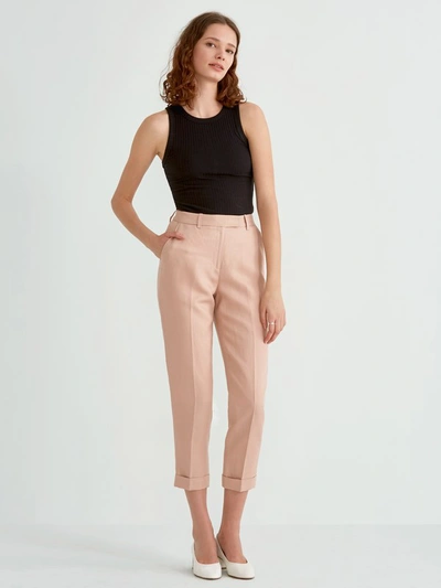 Shop Frank + Oak Big Cuff Linen Blend Trouser In Light Peach Pink