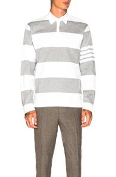 Shop Thom Browne Relaxed Fit Long Sleeve Polo In Gray,stripes,white