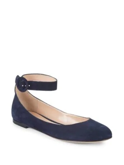 Shop Gianvito Rossi Suede Ankle Strap Ballet Flats In Dark Blue