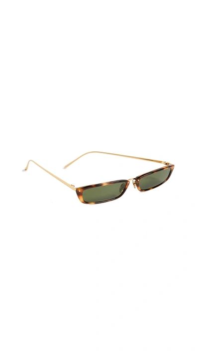 Shop Linda Farrow Luxe Narrow Rectangular Sunglasses In Brown/green