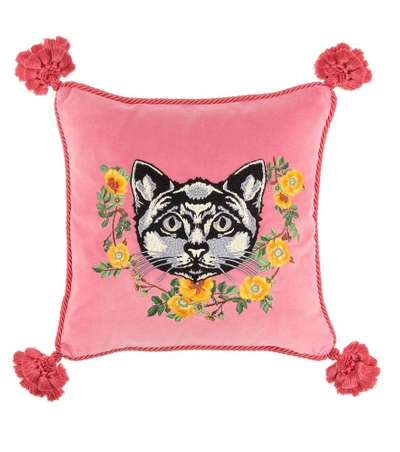 Shop Gucci Embroidered Velvet Cushion In Pink