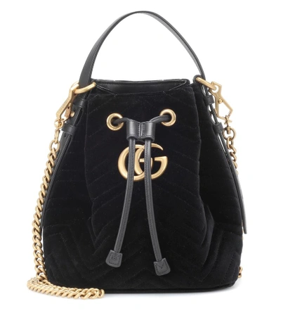Shop Gucci Gg Marmont Velvet Bucket Bag In Black