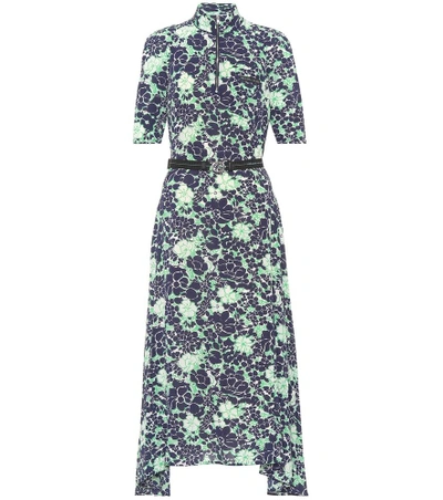 Shop Prada Floral Stretch Silk Dress In Blue