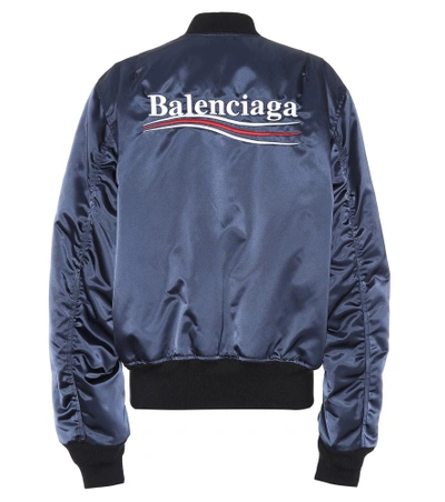 Shop Balenciaga Logo Satin Bomber Jacket In Blue