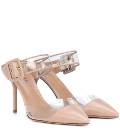 Shop Aquazzura Optic 85 Leather-trimmed Mules In Pink