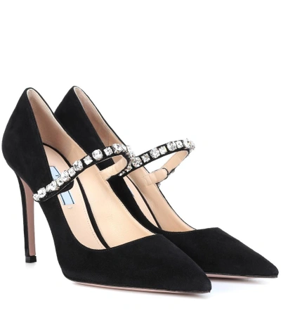 Shop Prada Crystal-embellished Suede Pumps In Black