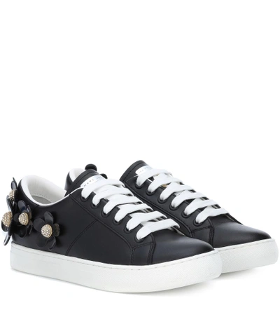 Shop Marc Jacobs Flower-embellished Leather Sneakers In Black