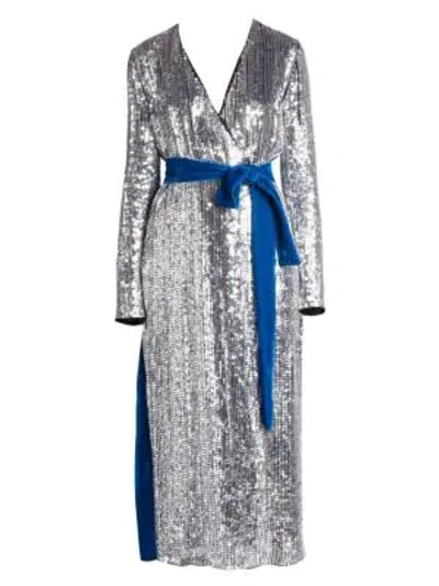 Shop Attico Sequin & Velvet Midi Dressing Gown Dress In Silver Teal