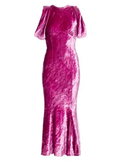 Shop Attico Velvet Gathered-sleeve Gown In Dark Pink