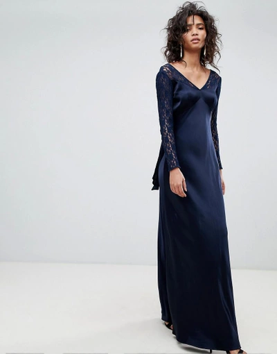 Shop Ghost Long Sleeve Maxi Dress With Lace Bodice & Bow Back - Blue