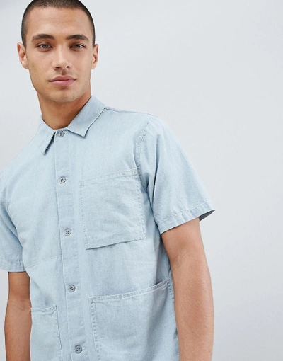 Shop Nudie Jeans Co Svante Denim Short Sleeve Organic Cotton Worker Shirt - Blue