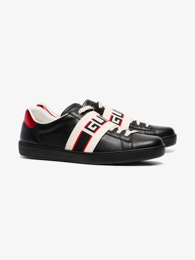 Shop Gucci Black, Red And Cream Logo Stripe Leather Sneaker