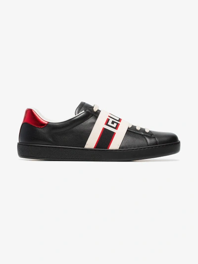 Shop Gucci Black, Red And Cream Logo Stripe Leather Sneaker