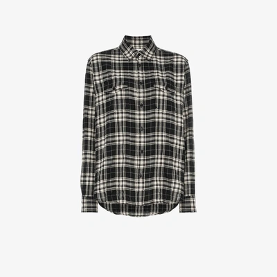 Shop Saint Laurent Plaid Button Down Cotton Blend Shirt In Black