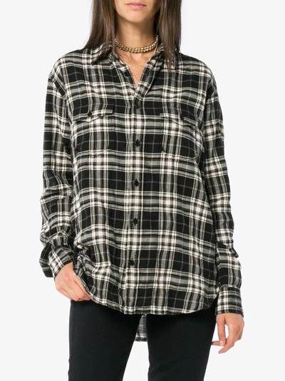 Shop Saint Laurent Plaid Button Down Cotton Blend Shirt In Black