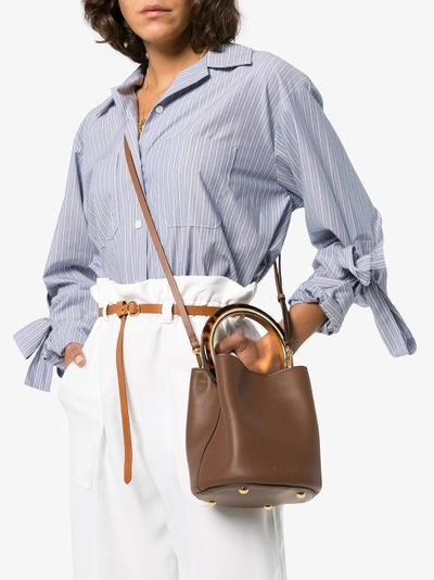 Shop Marni Brown Pannier Resin Handle Leather Bucket Bag