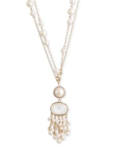 Shop Carolee Gold-tone Crystal & Imitation Pearl 18"/36" Double-row Pendant Necklace In White