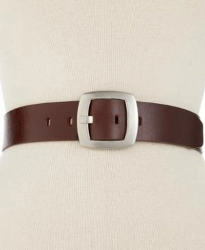 Shop Calvin Klein Leather Pant Belt With Centerbar Buckle In Brown/silver