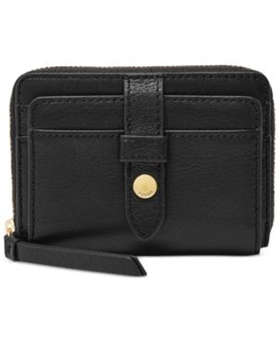 Shop Fossil Fiona Leather Zip Wallet In Black/gold