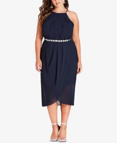 Shop City Chic Trendy Plus Size Belted Faux-wrap Midi Dress In Navy