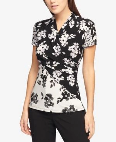 Shop Dkny Ruched Mixed-print Top In Black White Floral