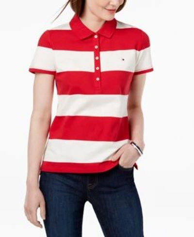 Shop Tommy Hilfiger Striped Pique Polo Shirt In Ivory/scarlet