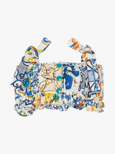 Shop Dolce & Gabbana Cold-shoulder Majolica Print Ruffle Cotton Cropped Blouse In Multicolour