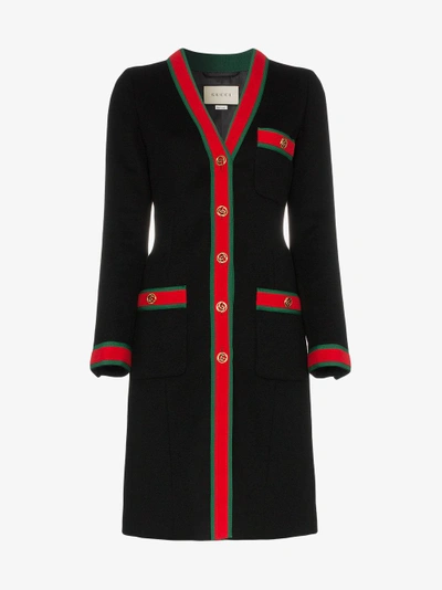 Shop Gucci Web Stripe Wool Coat In Black