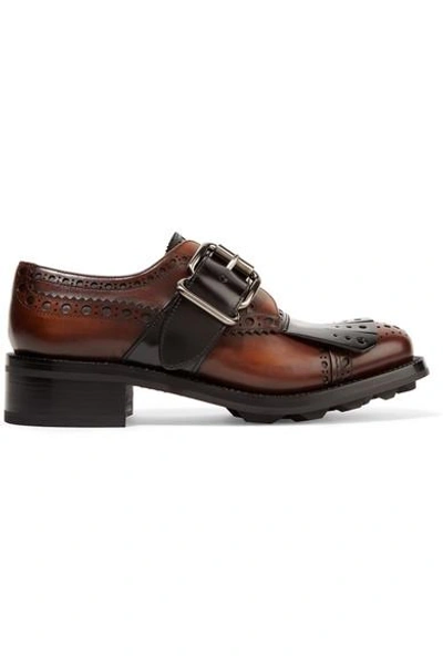 Shop Prada Fringed Burnished Leather Brogues In Dark Brown