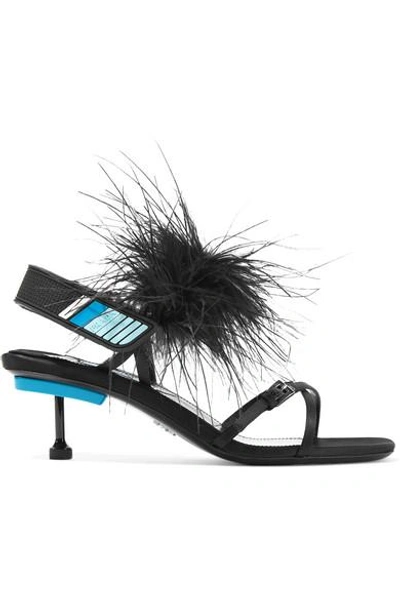 Shop Prada Feather-embellished Satin Sandals In Black