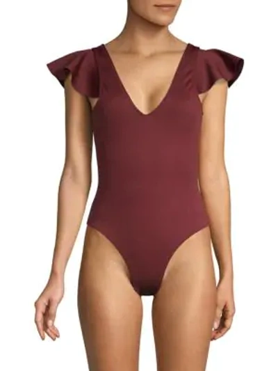 Shop Derek Lam 10 Crosby Ruffle-sleeve Malliot Swimsuit In Burgundy