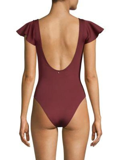 Shop Derek Lam 10 Crosby Ruffle-sleeve Malliot Swimsuit In Burgundy