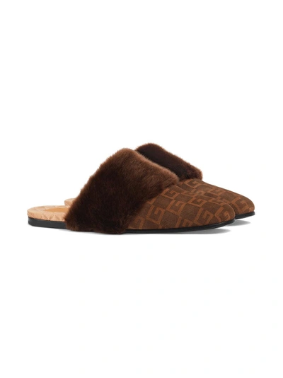 Shop Gucci Suede Square G And Synthetic Fur Slipper