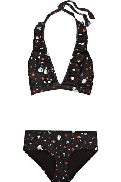 Shop Ganni Floral-print Halterneck Bikini In Black