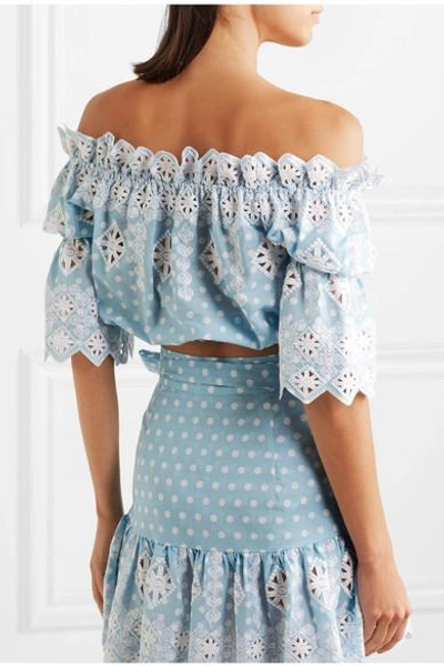 Shop Miguelina Renee Off-the-shoulder Broderie Anglaise-trimmed Polka-dot Cotton Top In Light Blue