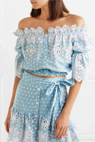 Shop Miguelina Renee Off-the-shoulder Broderie Anglaise-trimmed Polka-dot Cotton Top In Light Blue