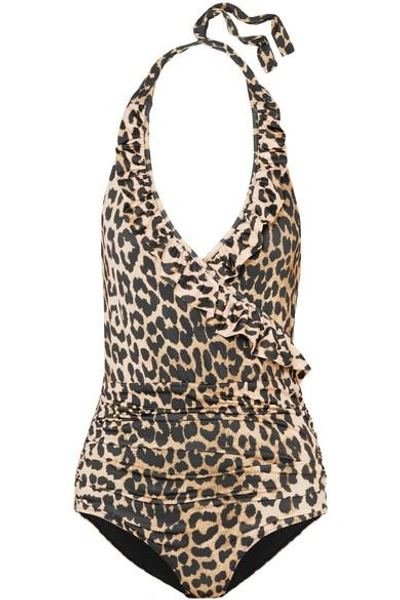 Shop Ganni Avalon Ruffled Leopard-print Halterneck Swimsuit