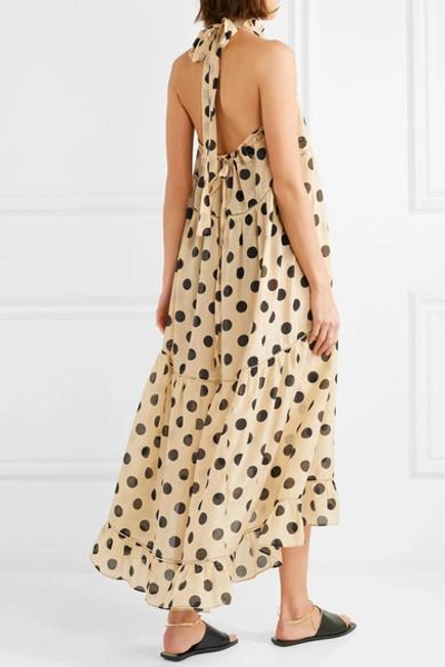 Shop Lee Mathews Minnie Polka-dot Silk And Cotton-blend Halterneck Dress In Beige