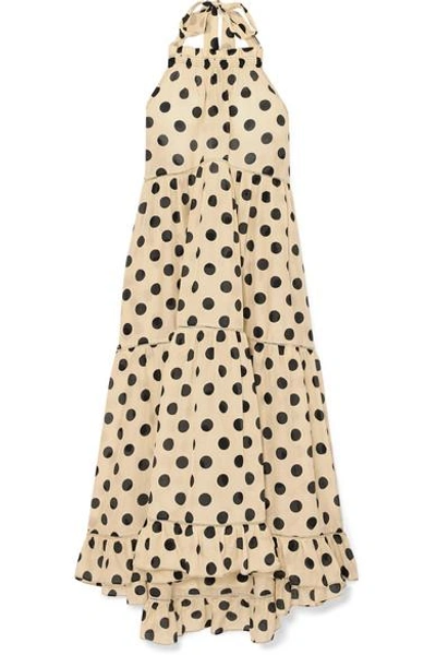 Shop Lee Mathews Minnie Polka-dot Silk And Cotton-blend Halterneck Dress In Beige